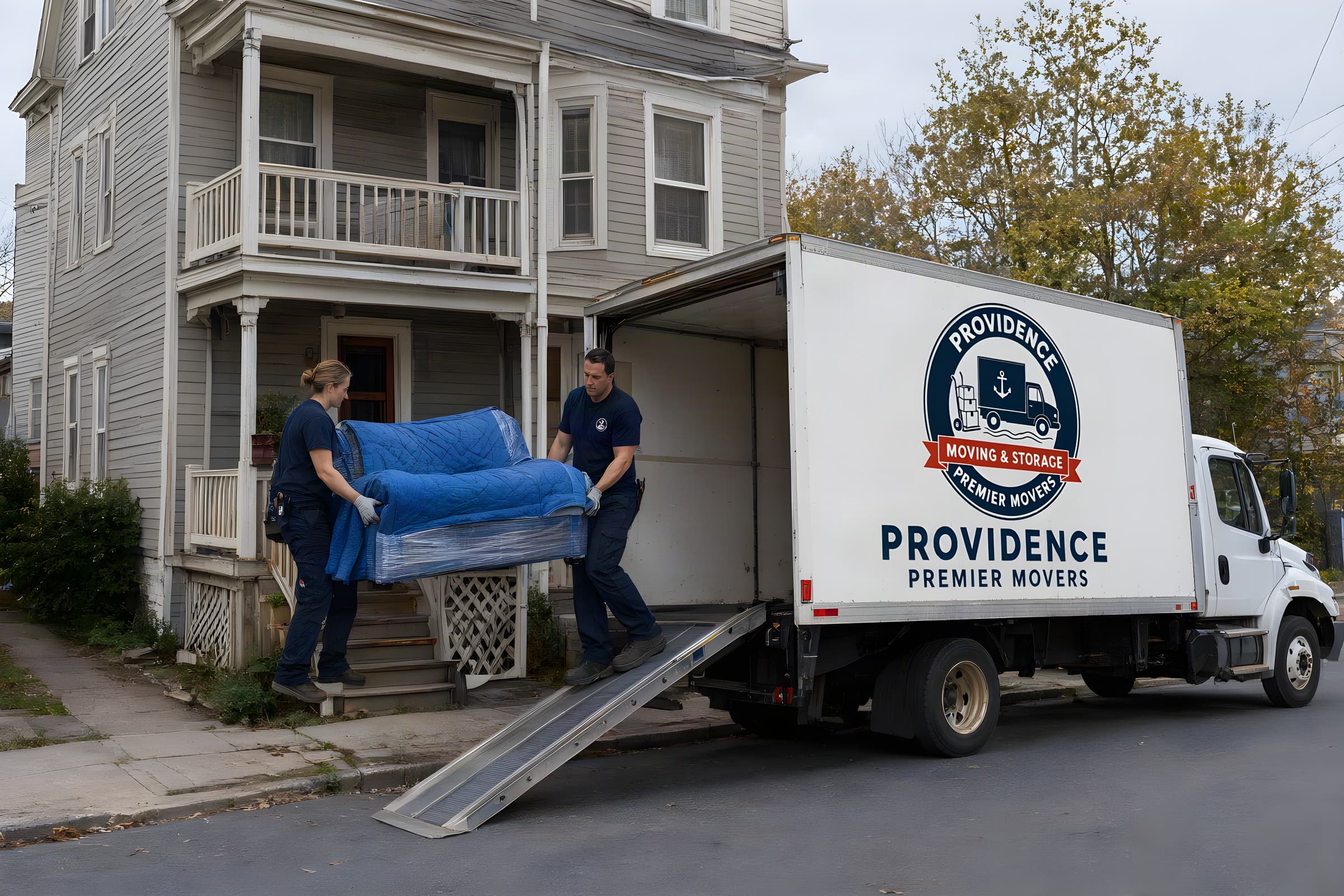 Movers in Providence, RI carrying a blanket-wrapped sofa past a grey triple-decker to a Providence Premier Movers box truck