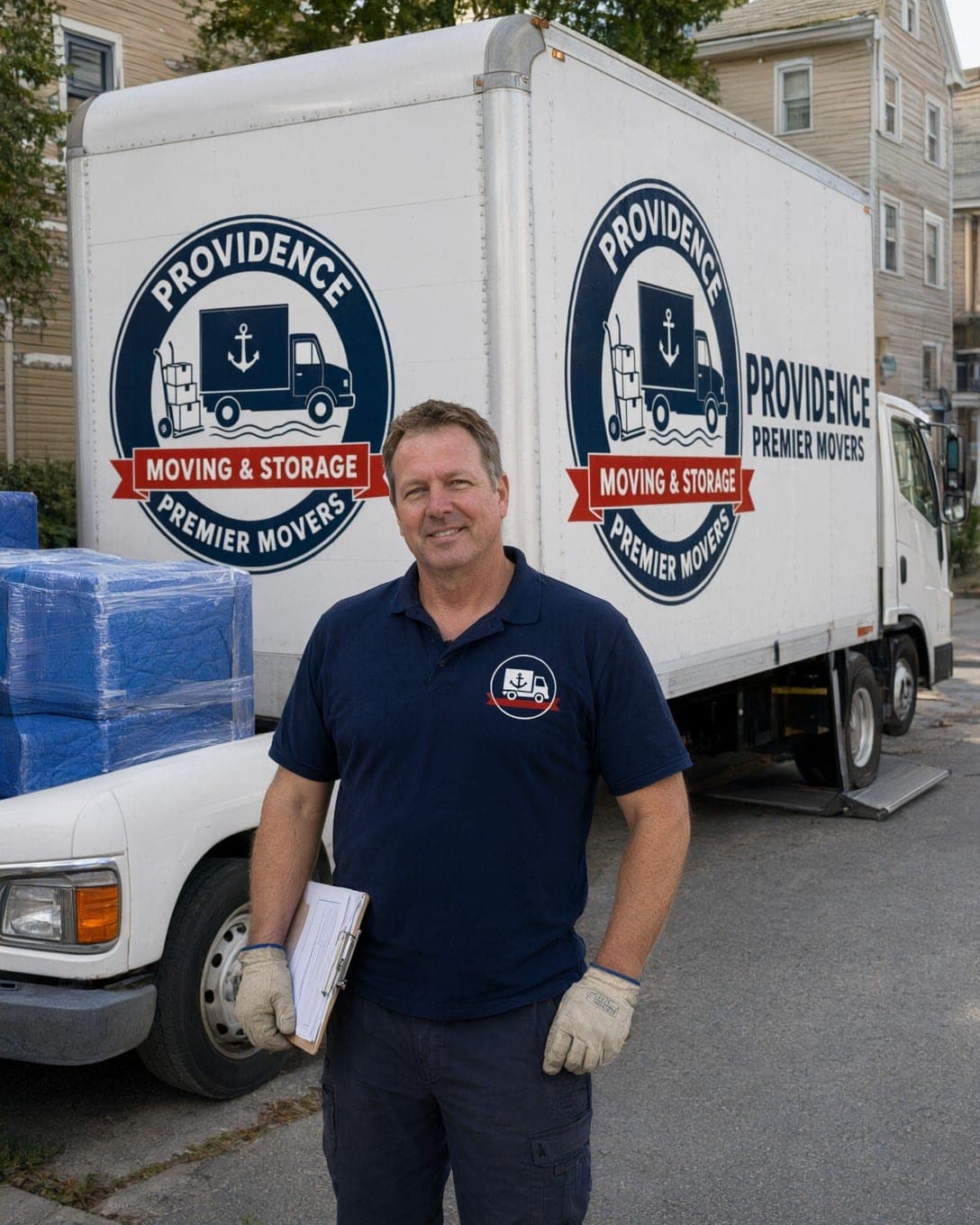 Dan Medeiros, owner of Providence Premier Movers, beside the company box truck