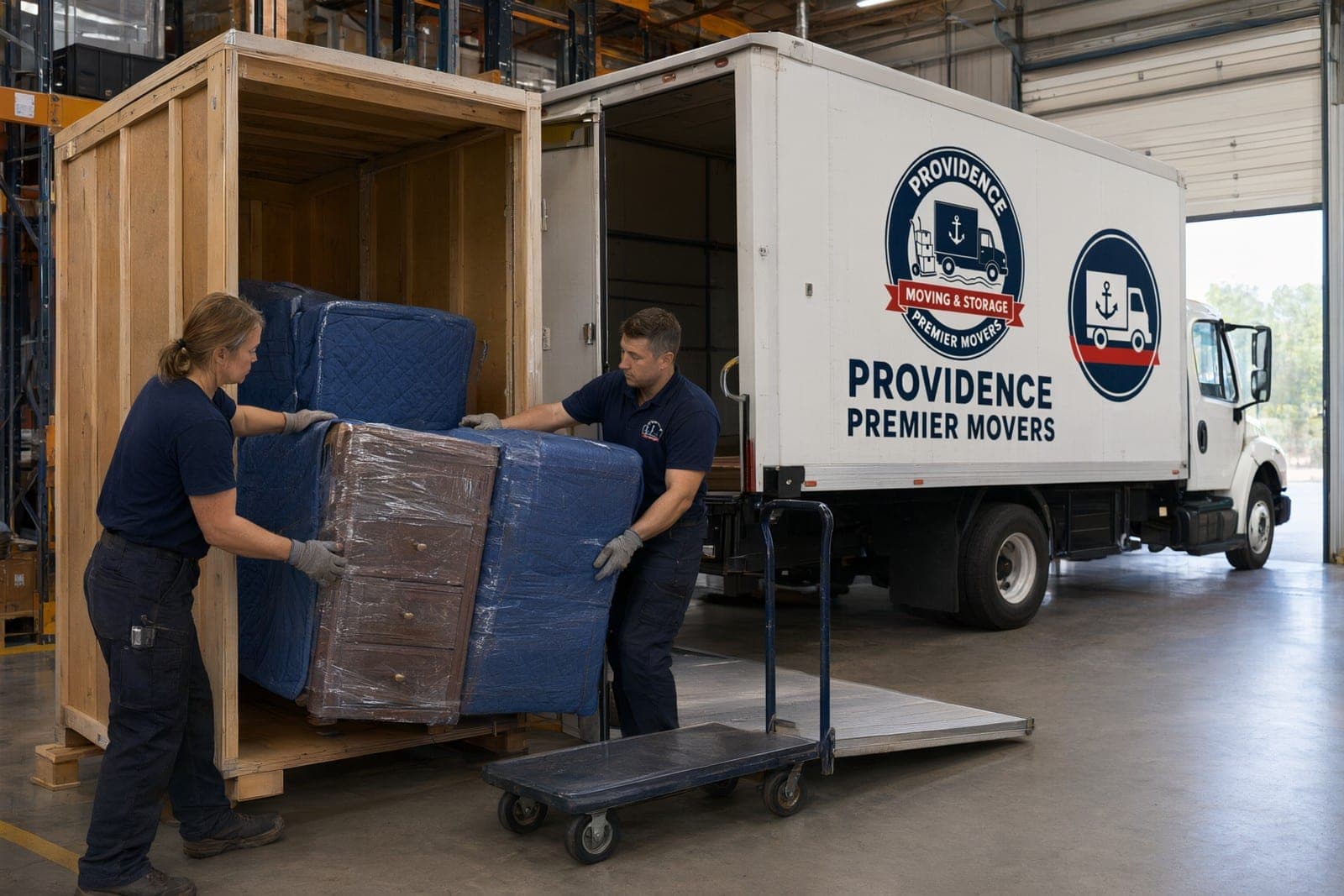 Two movers loading a padded dresser into a wooden storage vault, the company box truck behind